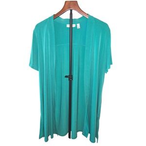 Susan Graver Cardigan Women's Large Teal Liquid Knit Short Sleeve Open Front
